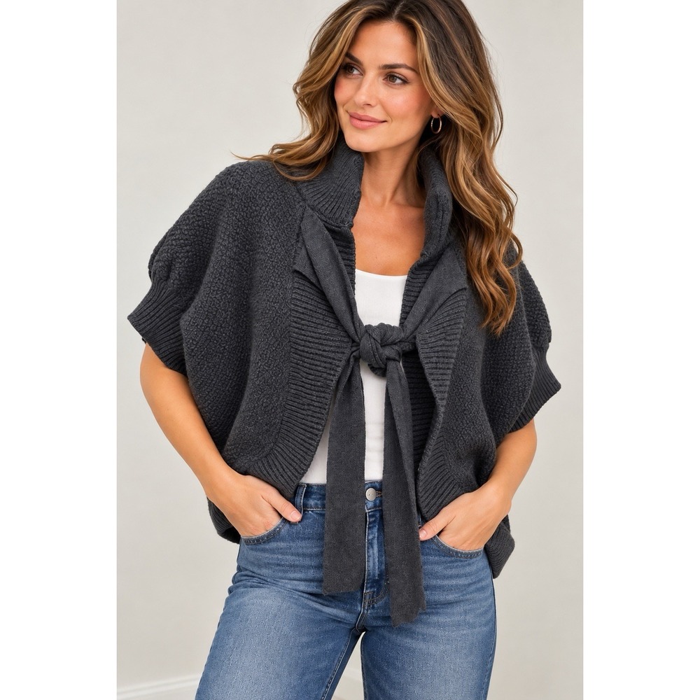 Banana Republic Merino Wool Cardigan Womens S Gray Tie Front Dolman Shrug #56